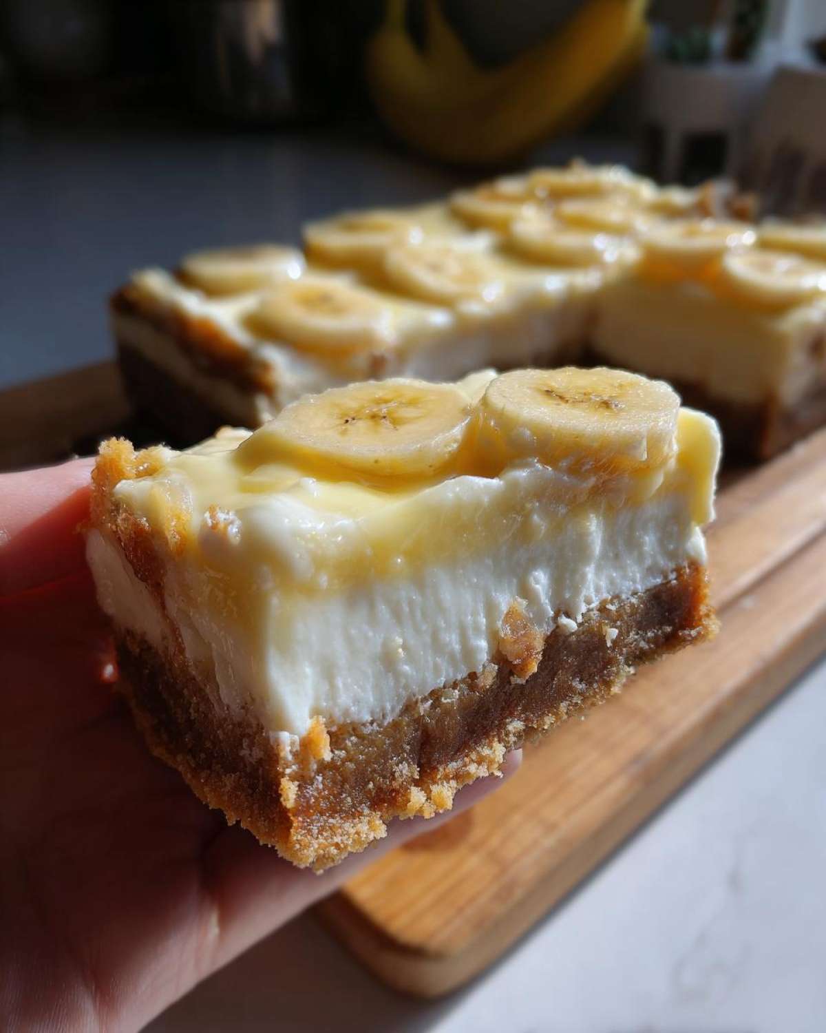 A hand holding a thick slice of Banana Pudding Cheesecake Bars with a graham cracker crust and banana topping.