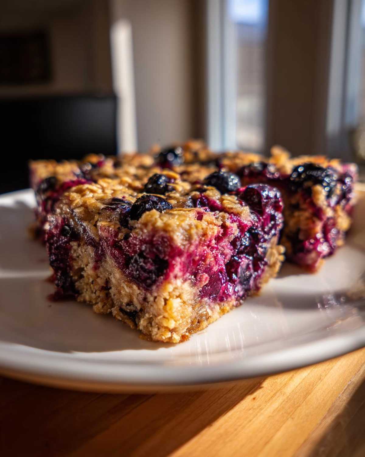 A close-up shot of moist Blueberry Baked Oatmeal Squares, rich with purple berries, served on a white plate.