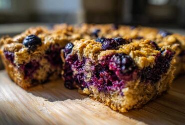 A close-up, low-angle shot of a thick slice of Blueberry Baked Oatmeal Squares showing moist interior and whole berries.