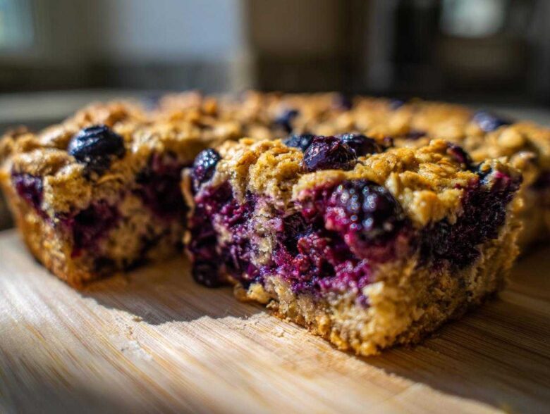 A close-up, low-angle shot of a thick slice of Blueberry Baked Oatmeal Squares showing moist interior and whole berries.