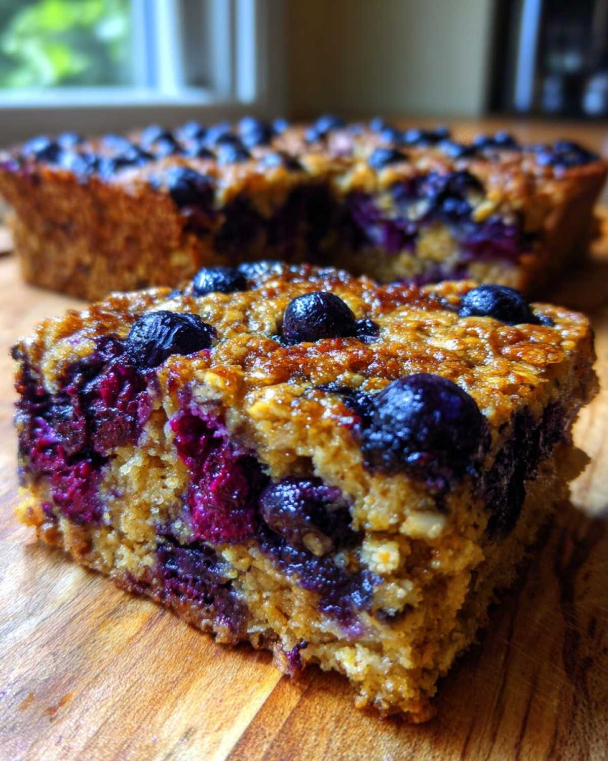 A close-up view of a square slice of moist Blueberry Baked Oatmeal Squares featuring visible oats and bursting blueberries.