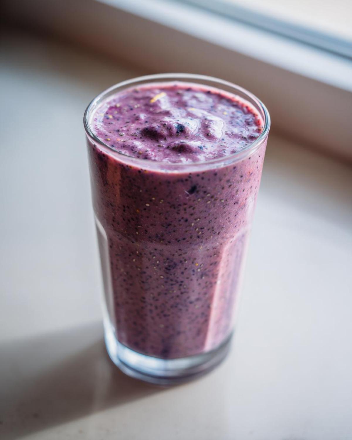 A tall glass filled with a thick, purple Blueberry Lemon Chia Smoothie speckled with chia seeds.