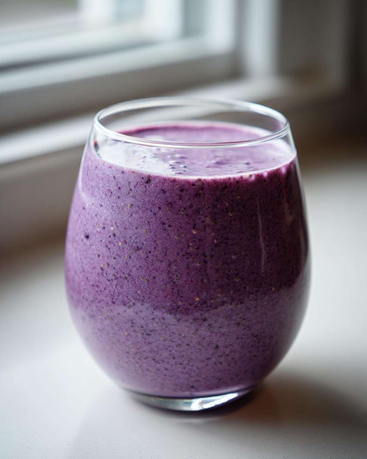 A close-up of a thick, vibrant purple Blueberry Lemon Chia Smoothie in a clear glass, set against a bright window background.