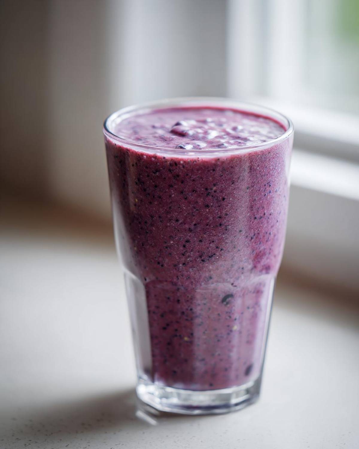 A tall glass filled with a thick, deep purple Blueberry Lemon Chia Smoothie, showing visible chia seeds.