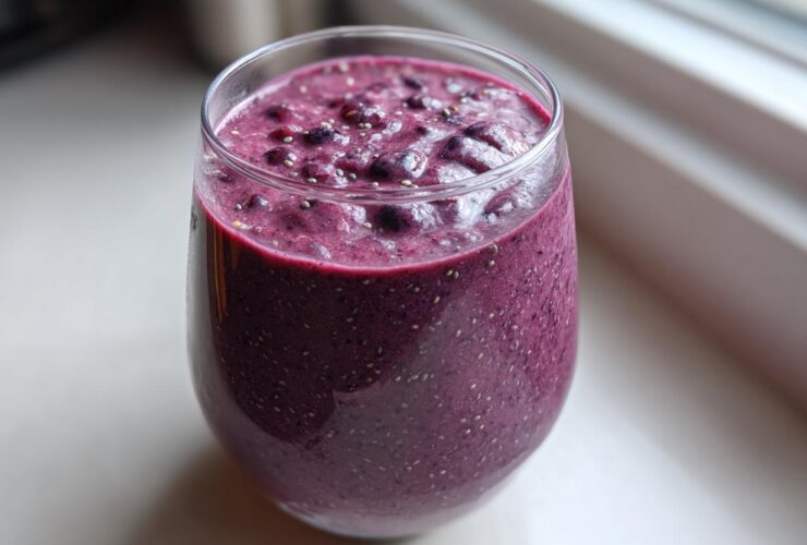 A close-up of a thick, purple Blueberry Lemon Chia Smoothie in a clear glass, topped with whole blueberries and chia seeds.