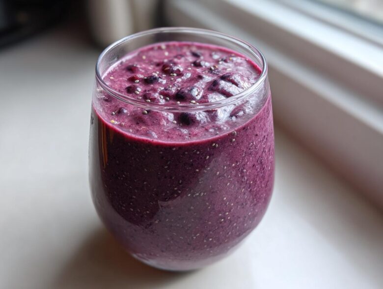 A close-up of a thick, purple Blueberry Lemon Chia Smoothie in a clear glass, topped with whole blueberries and chia seeds.