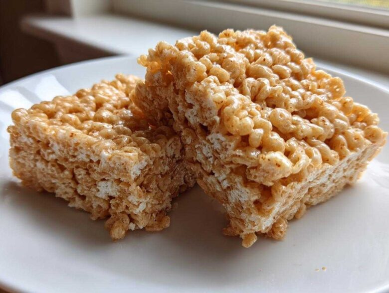 Two thick, golden-brown Brown Butter Rice Krispie Treat Bars stacked slightly on a white plate.