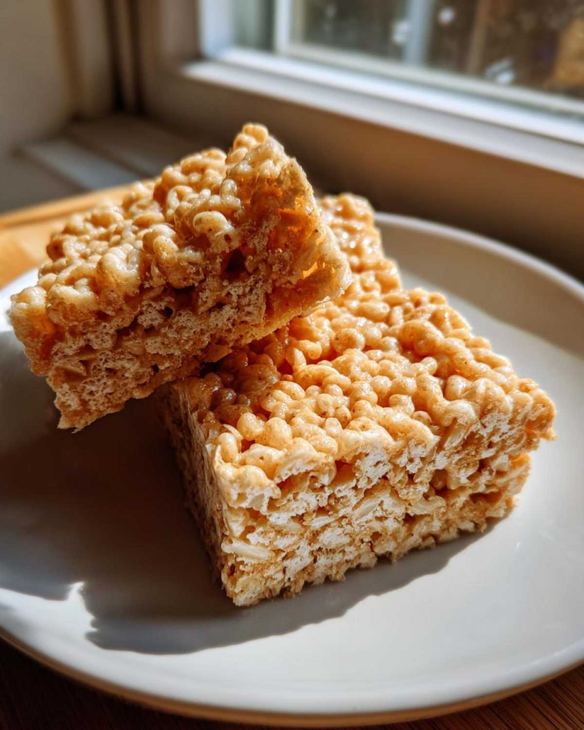 Two stacked squares of chewy Brown Butter Rice Krispie Treat Bars resting on a white plate near a window.