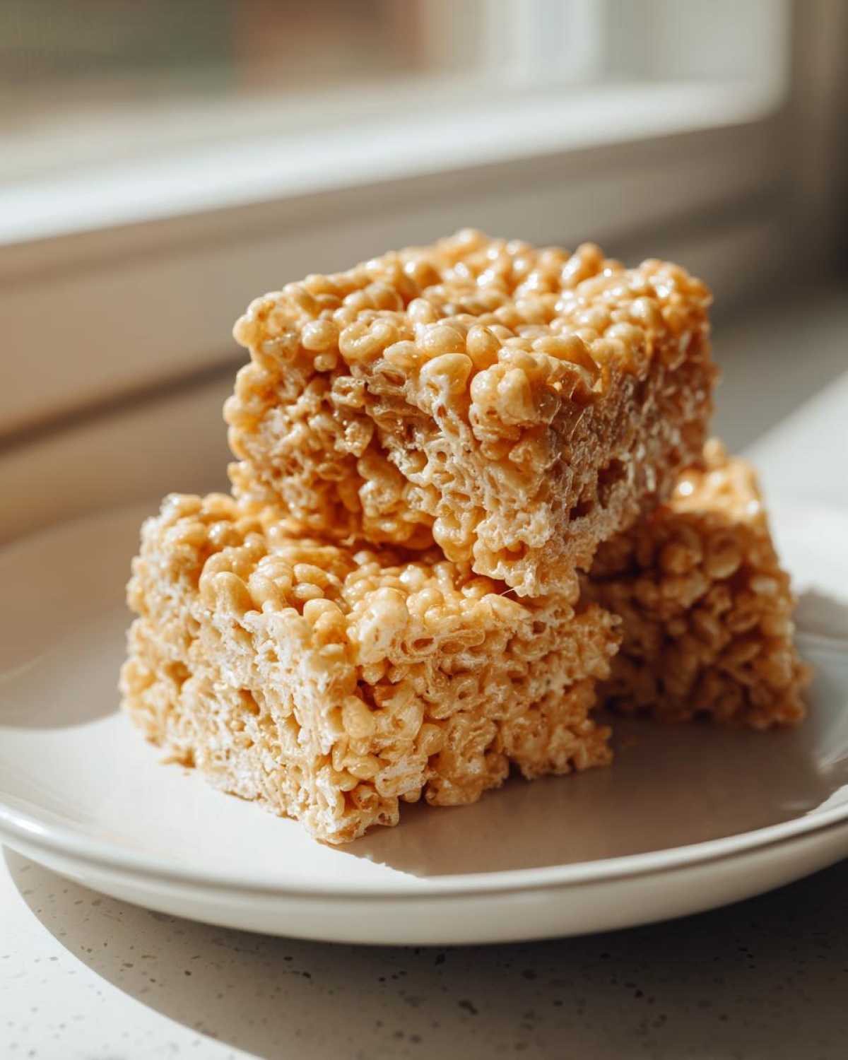 Three stacked squares of chewy Brown Butter Rice Krispie Treat Bars resting on a white plate near a sunlit window.