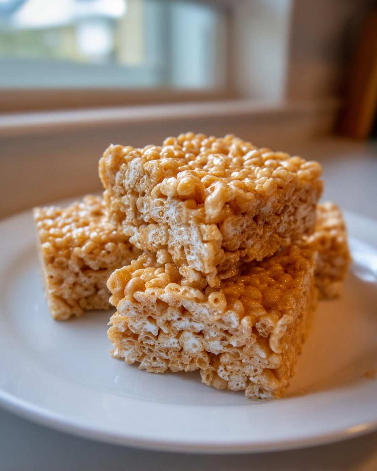 Close-up of stacked Brown Butter Rice Krispie Treat Bars showing their chewy, golden texture on a white plate.