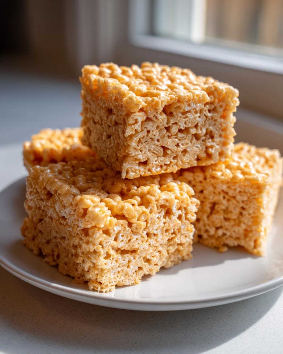 Three thick, golden squares of Brown Butter Rice Krispie Treat Bars stacked on a white plate.