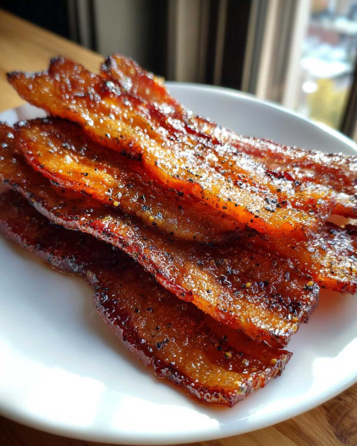 Close-up of crispy, thick-cut Brown Sugar Glazed Bacon stacked on a white plate, glistening with glaze and pepper.