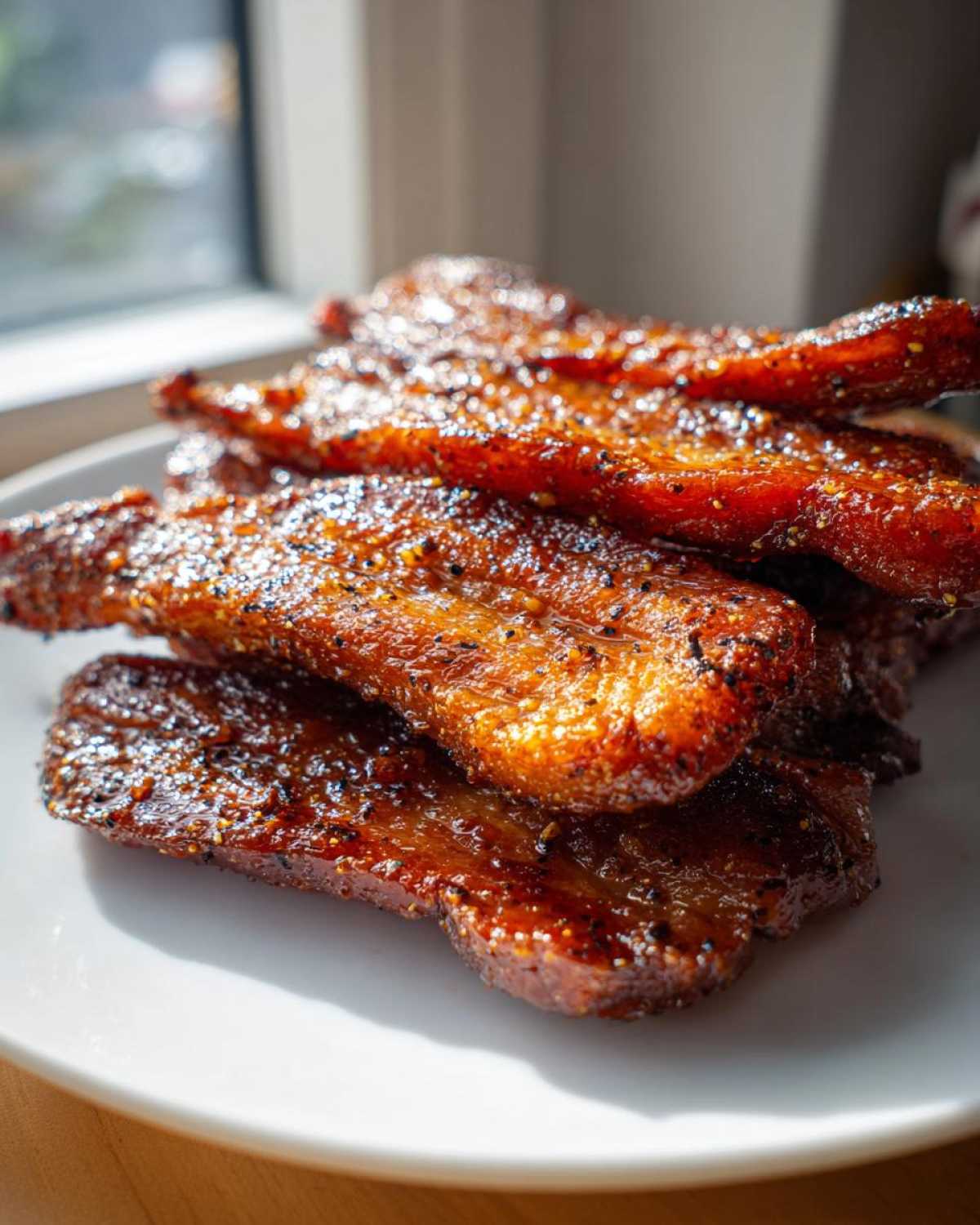 A stack of crispy, shiny Brown Sugar Glazed Bacon slices piled on a white plate, catching sunlight.