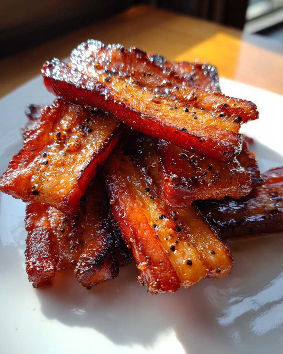 A stack of thick-cut, caramelized Brown Sugar Glazed Bacon strips glistening under sunlight.