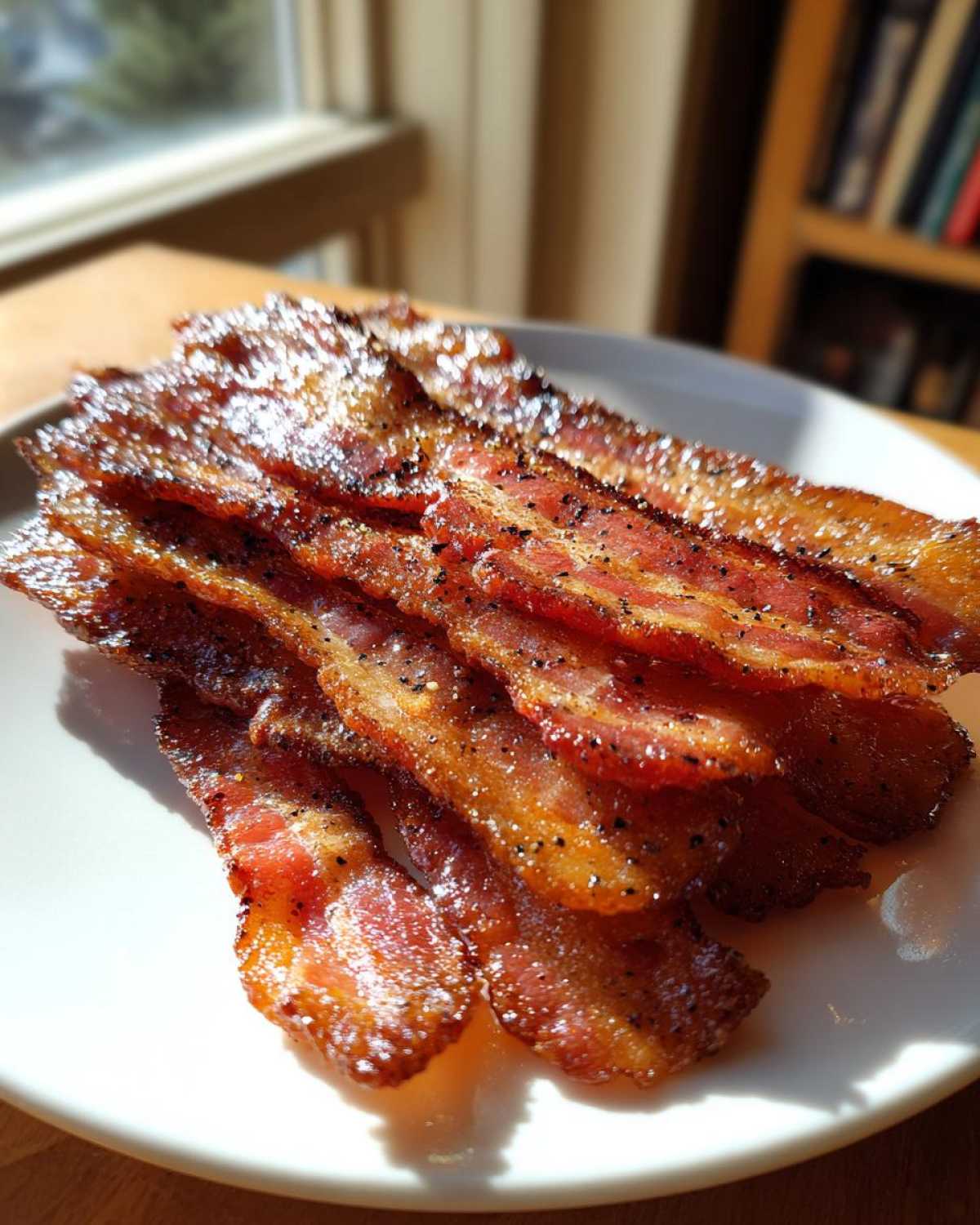 Close-up of perfectly cooked Brown Sugar Glazed Bacon strips piled on a white plate, glistening under natural light.