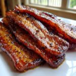 Four thick strips of glossy Brown Sugar Glazed Bacon piled on a white plate, seasoned with black pepper.