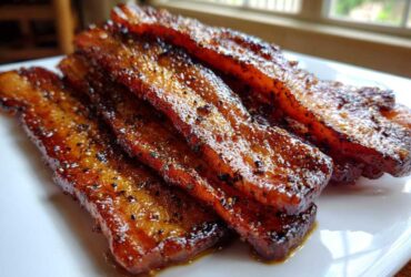 Four thick strips of glossy Brown Sugar Glazed Bacon piled on a white plate, seasoned with black pepper.