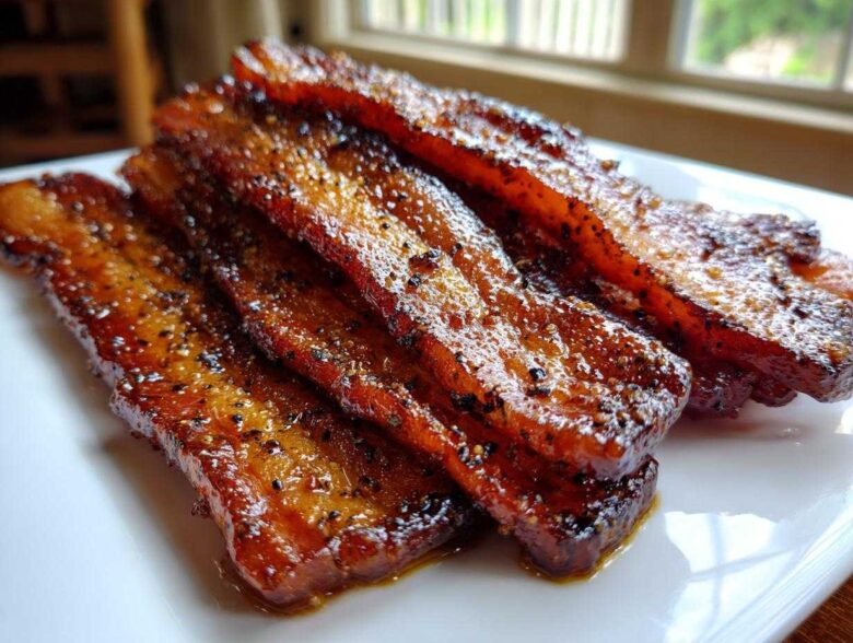 Four thick strips of glossy Brown Sugar Glazed Bacon piled on a white plate, seasoned with black pepper.