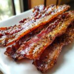 Close-up of crispy, glistening Brown Sugar Glazed Bacon strips seasoned with black pepper on a white plate.