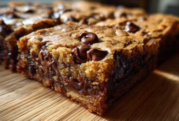 A close-up side view of a thick, chewy chocolate chip cookie bars showing melted chocolate pockets.