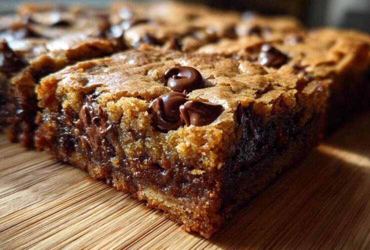 A close-up side view of a thick, chewy chocolate chip cookie bars showing melted chocolate pockets.