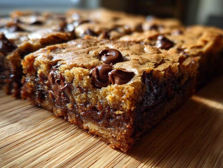 A close-up side view of a thick, chewy chocolate chip cookie bars showing melted chocolate pockets.