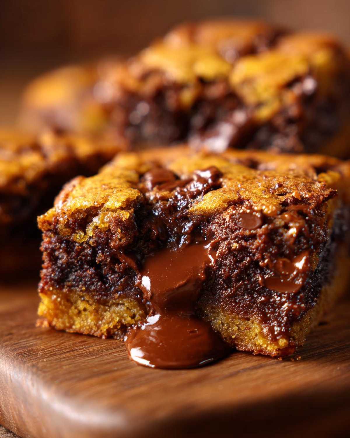 Close-up of a Chewy Chocolate Chip Cookie Bar with melted chocolate oozing out onto a wooden board.