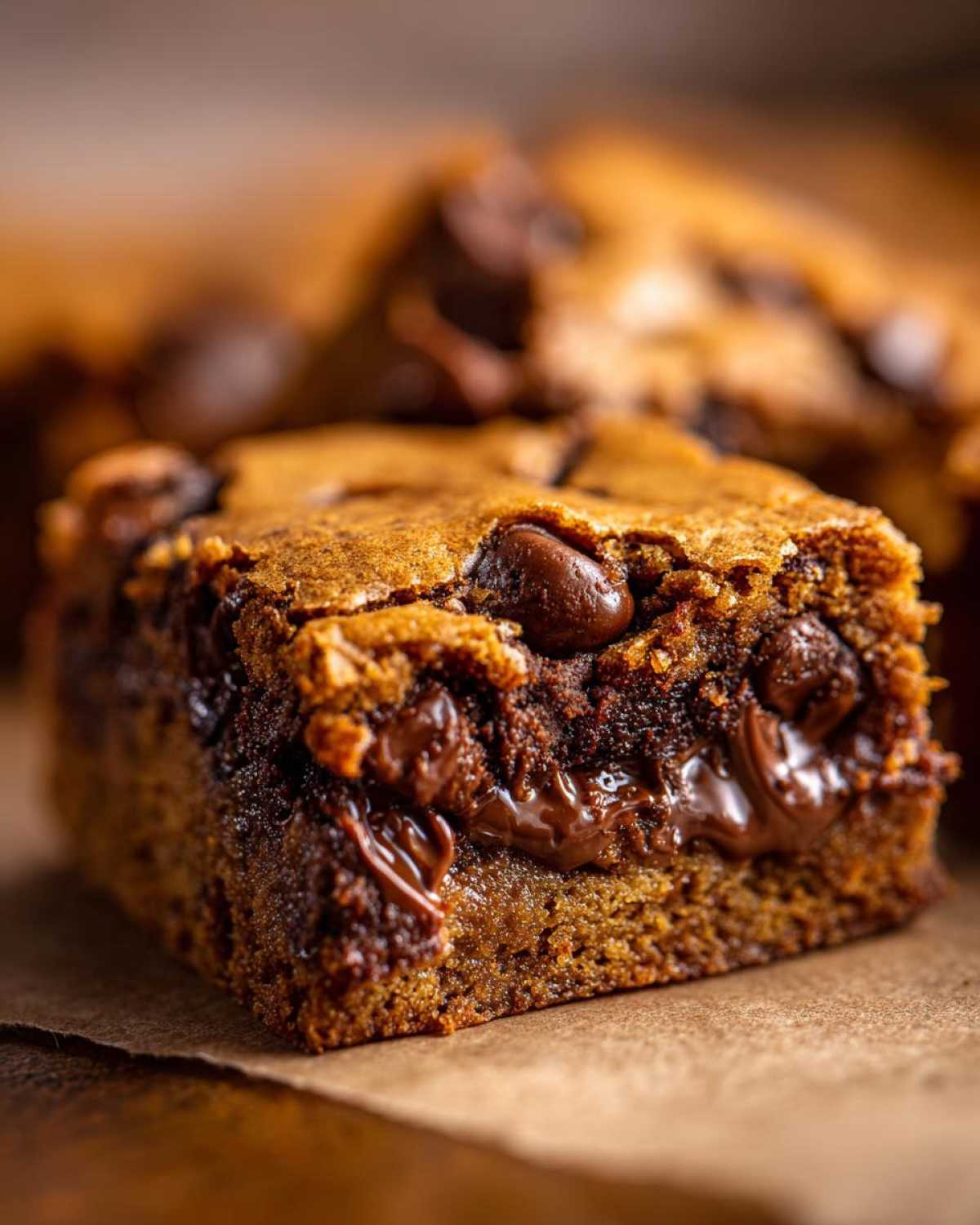 A close-up of a single, thick square of Chewy Chocolate Chip Cookie Bars with melted chocolate oozing out.
