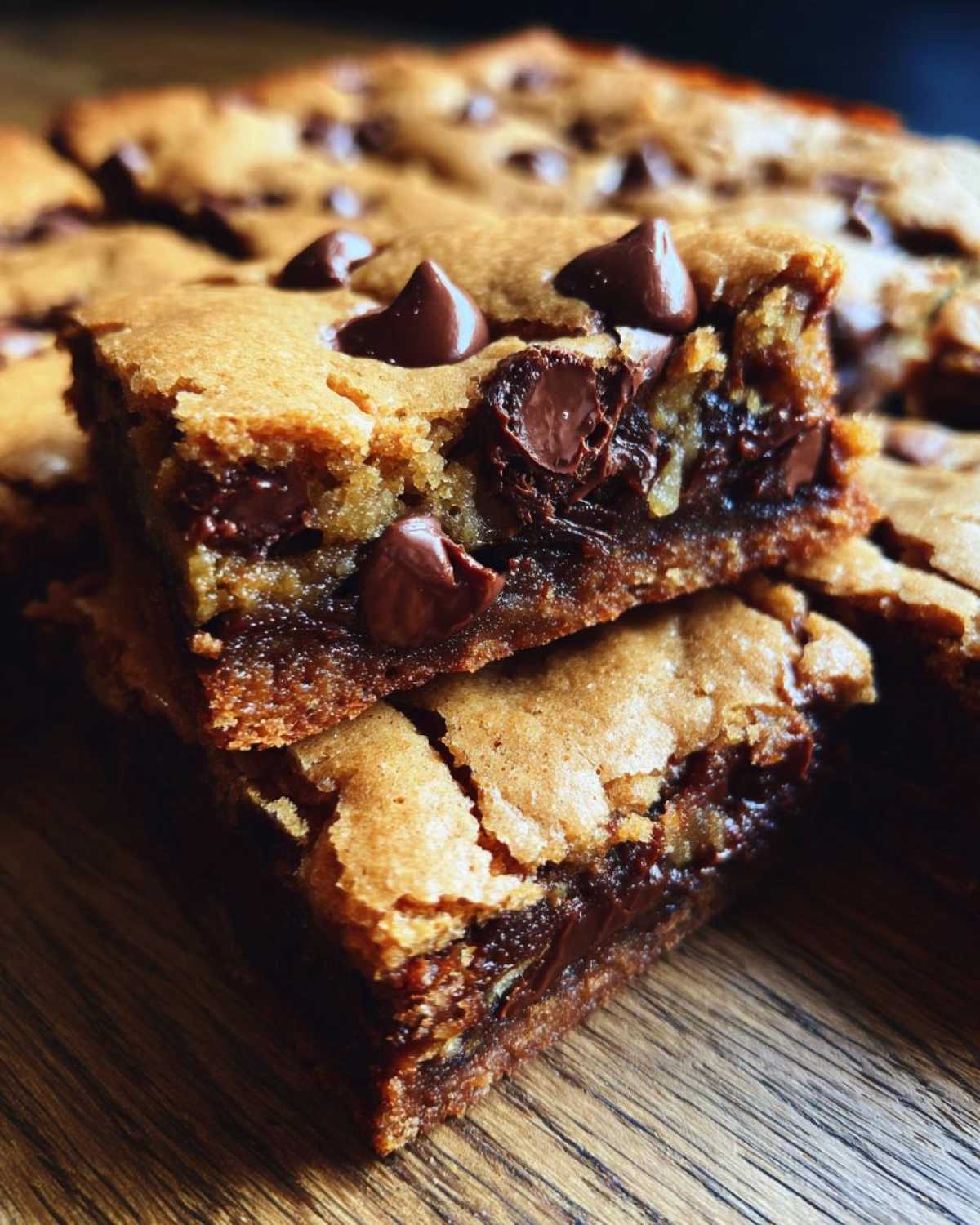 Two stacked squares of incredibly chewy chocolate chip cookie bars showing melted chocolate centers.