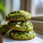 A stack of three vibrant green Chewy Matcha White Chocolate Cookies with visible white chocolate chips.