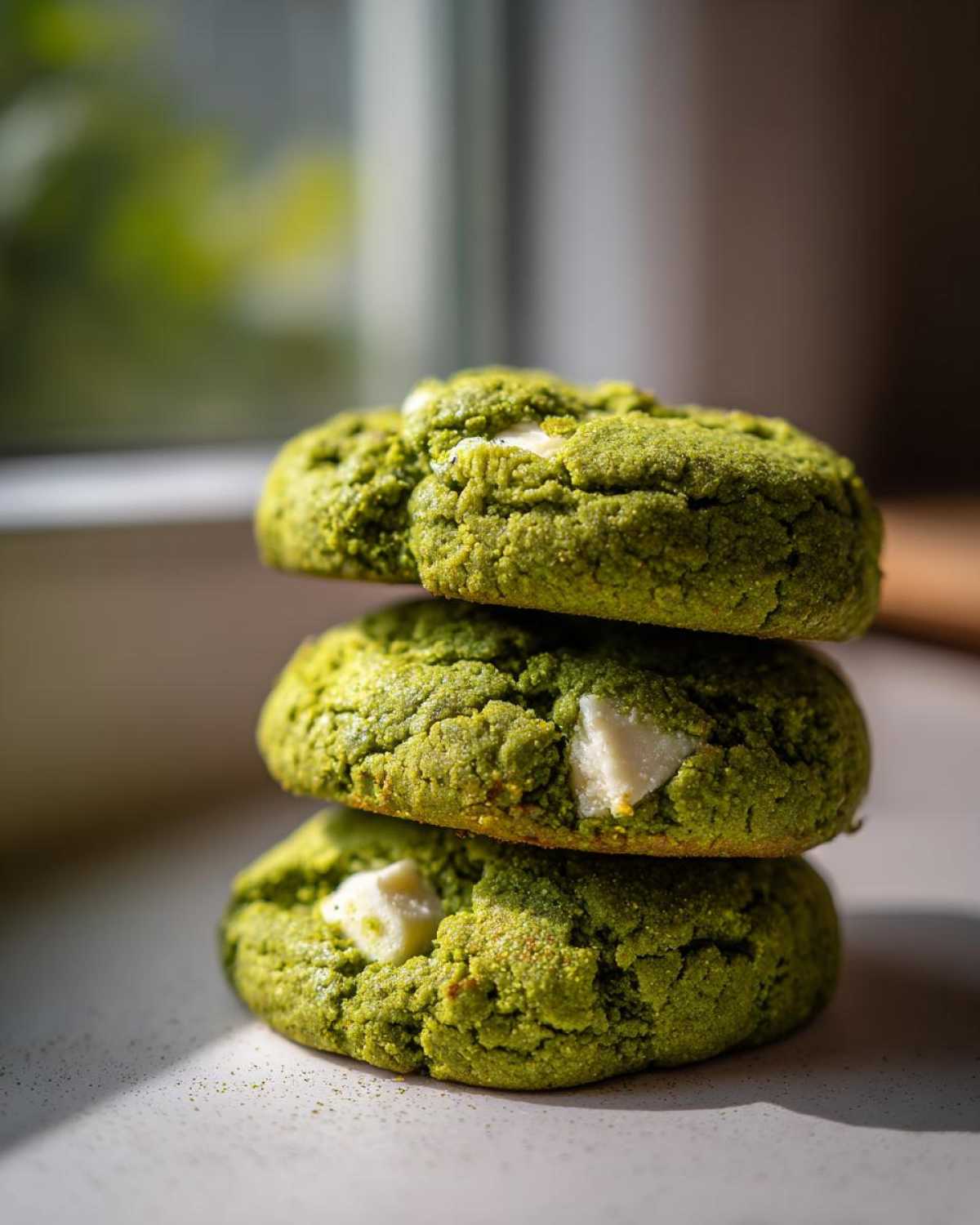 A stack of three vibrant green, chewy matcha white chocolate cookies with visible white chocolate chunks.
