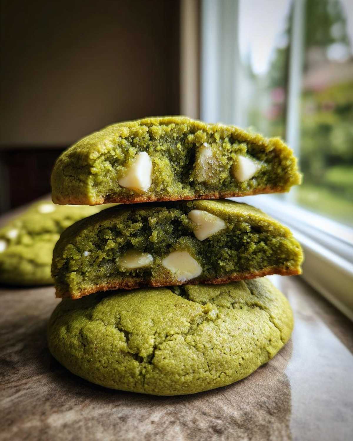 Stack of three Chewy Matcha White Chocolate Cookies, with the top two cut in half showing the soft, green interior and white chocolate chips.