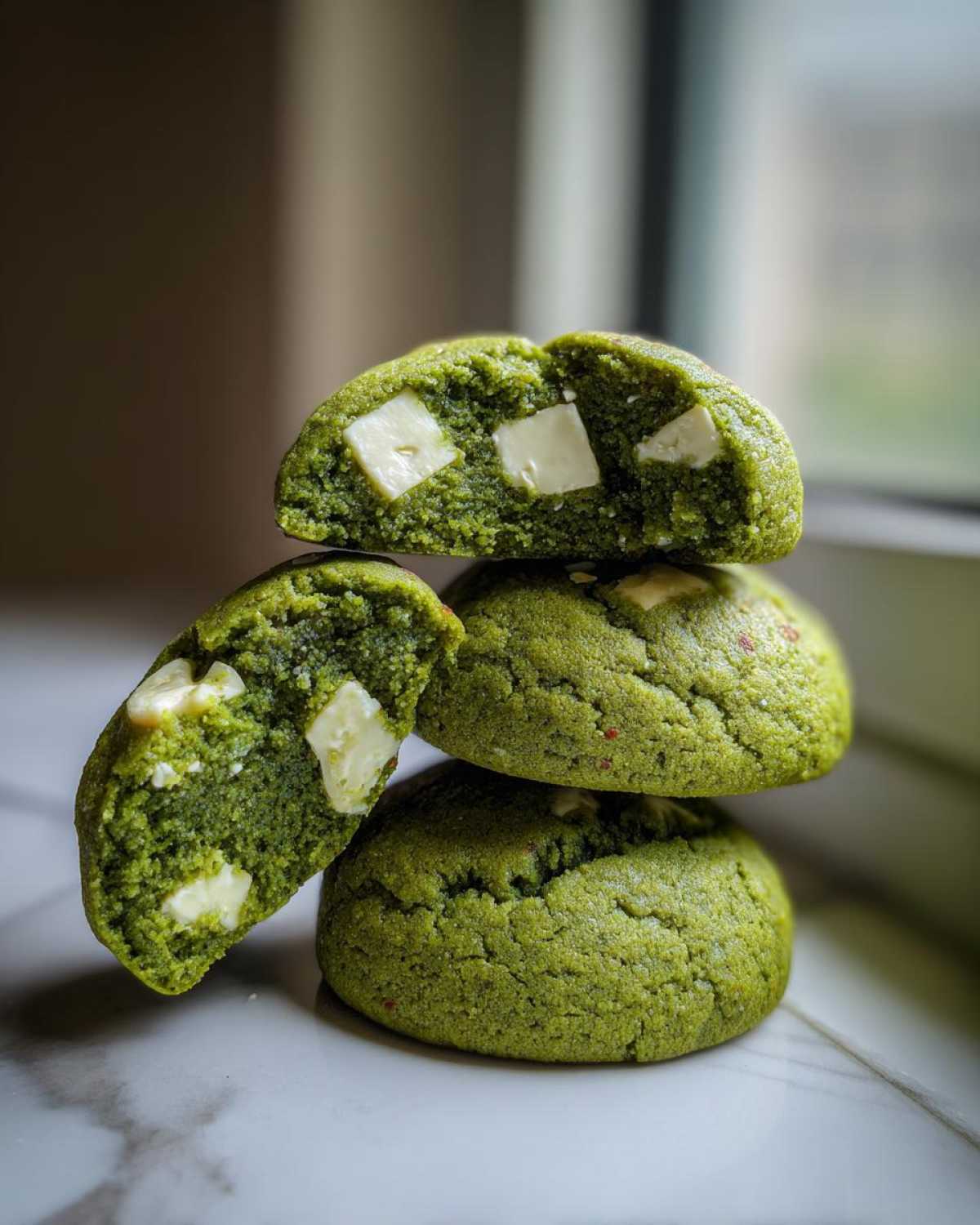 Stack of four Chewy Matcha White Chocolate Cookies, with the top one broken open showing white chocolate chunks inside.
