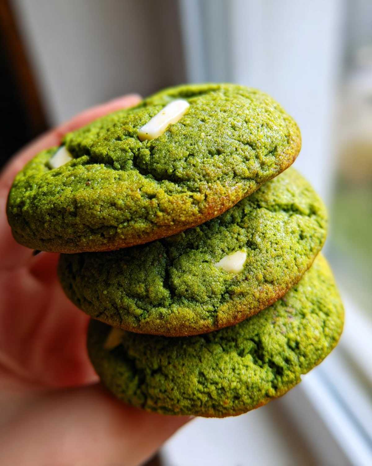 Close-up of three stacked Chewy Matcha White Chocolate Cookies with visible white chocolate chunks.