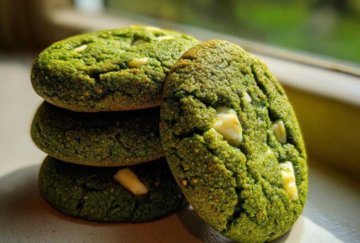 Close-up of a stack of vibrant green Chewy Matcha White Chocolate Cookies with visible white chocolate chunks.