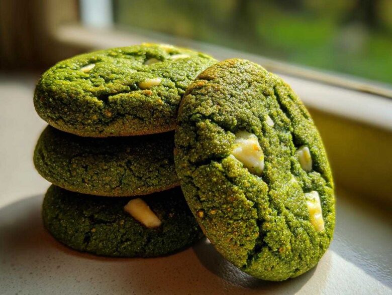 Close-up of a stack of vibrant green Chewy Matcha White Chocolate Cookies with visible white chocolate chunks.