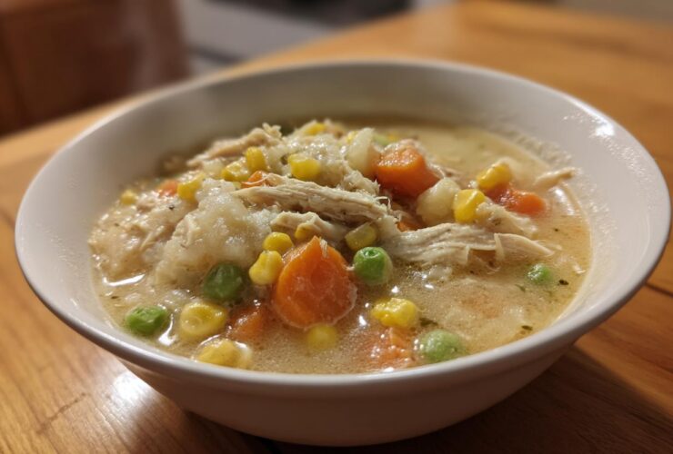 A close-up of a white bowl filled with creamy Chicken Pot Pie Soup featuring shredded chicken, carrots, peas, and corn.