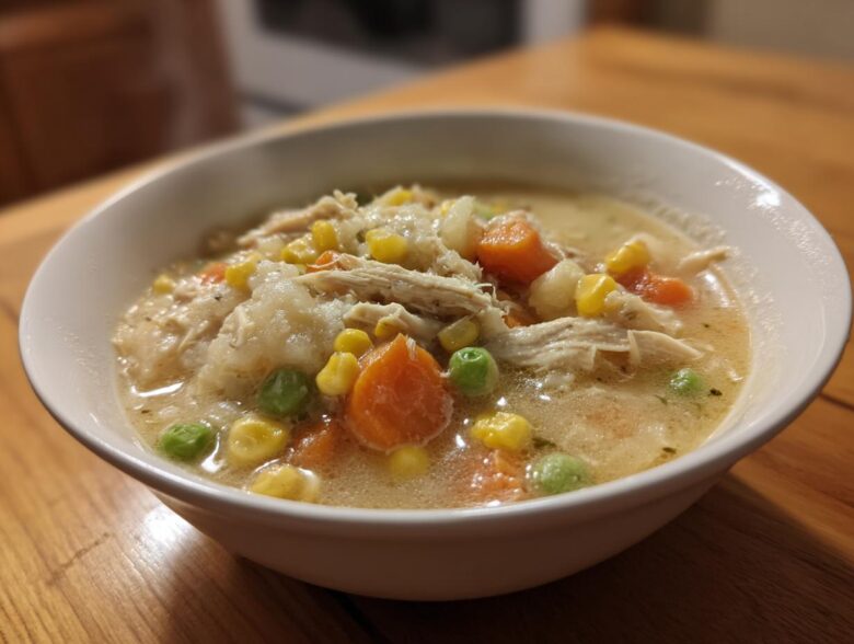 A close-up of a white bowl filled with creamy Chicken Pot Pie Soup featuring shredded chicken, carrots, peas, and corn.