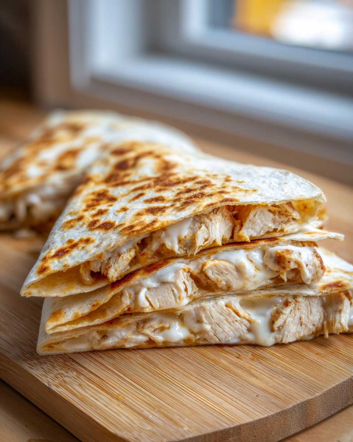 Close-up of stacked chicken quesadilla wedges oozing with melted cheese and sauce, made with Copycat Taco Bell Chicken Quesadilla Sauce.