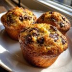 Close-up of three golden-brown Chocolate Chip Banana Muffins with melted chocolate chunks on top, sitting on a white plate.