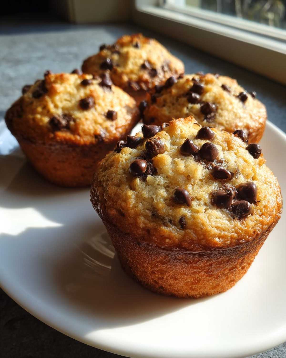 Four freshly baked Chocolate Chip Banana Muffins with golden tops piled on a white plate near a window.