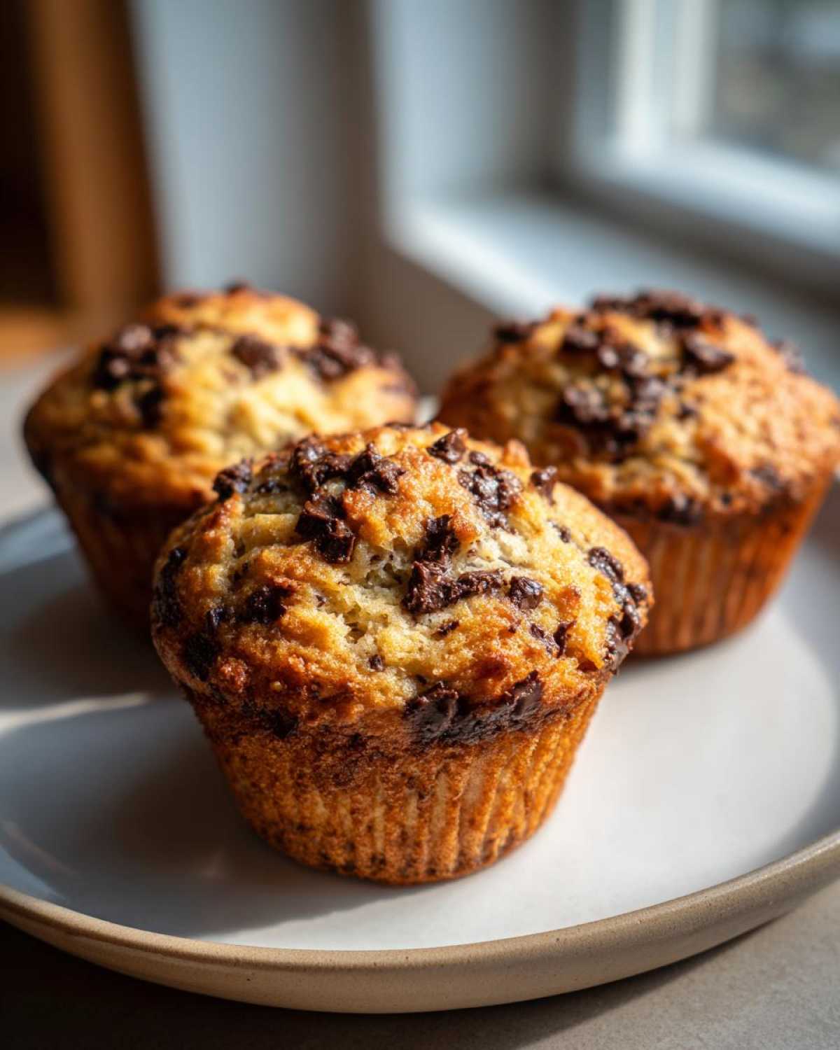 Three golden-brown Chocolate Chip Banana Muffins topped with melted chocolate chips, sitting on a light ceramic plate.