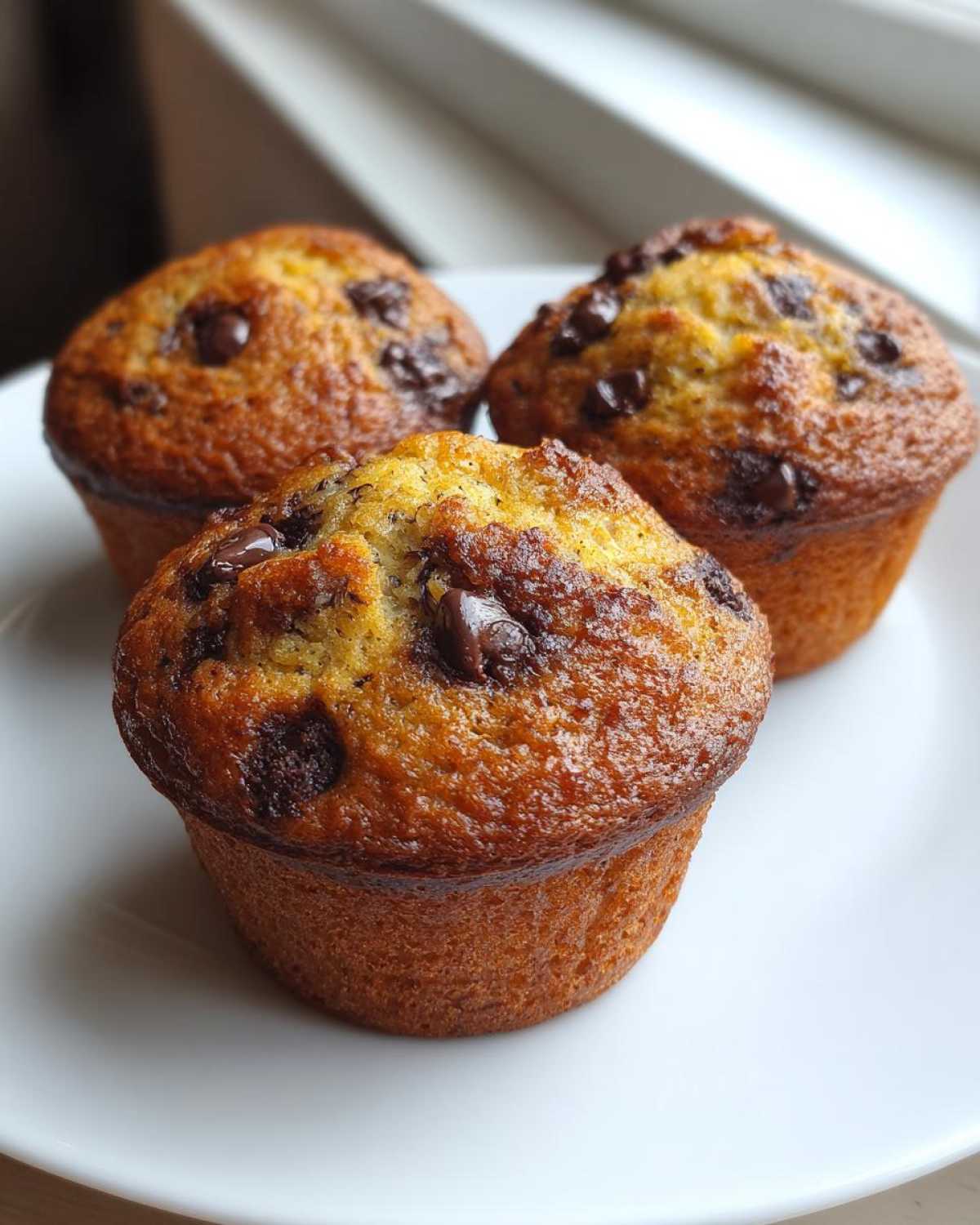 Three freshly baked Chocolate Chip Banana Muffins with golden brown tops and visible chocolate chips, resting on a white plate.