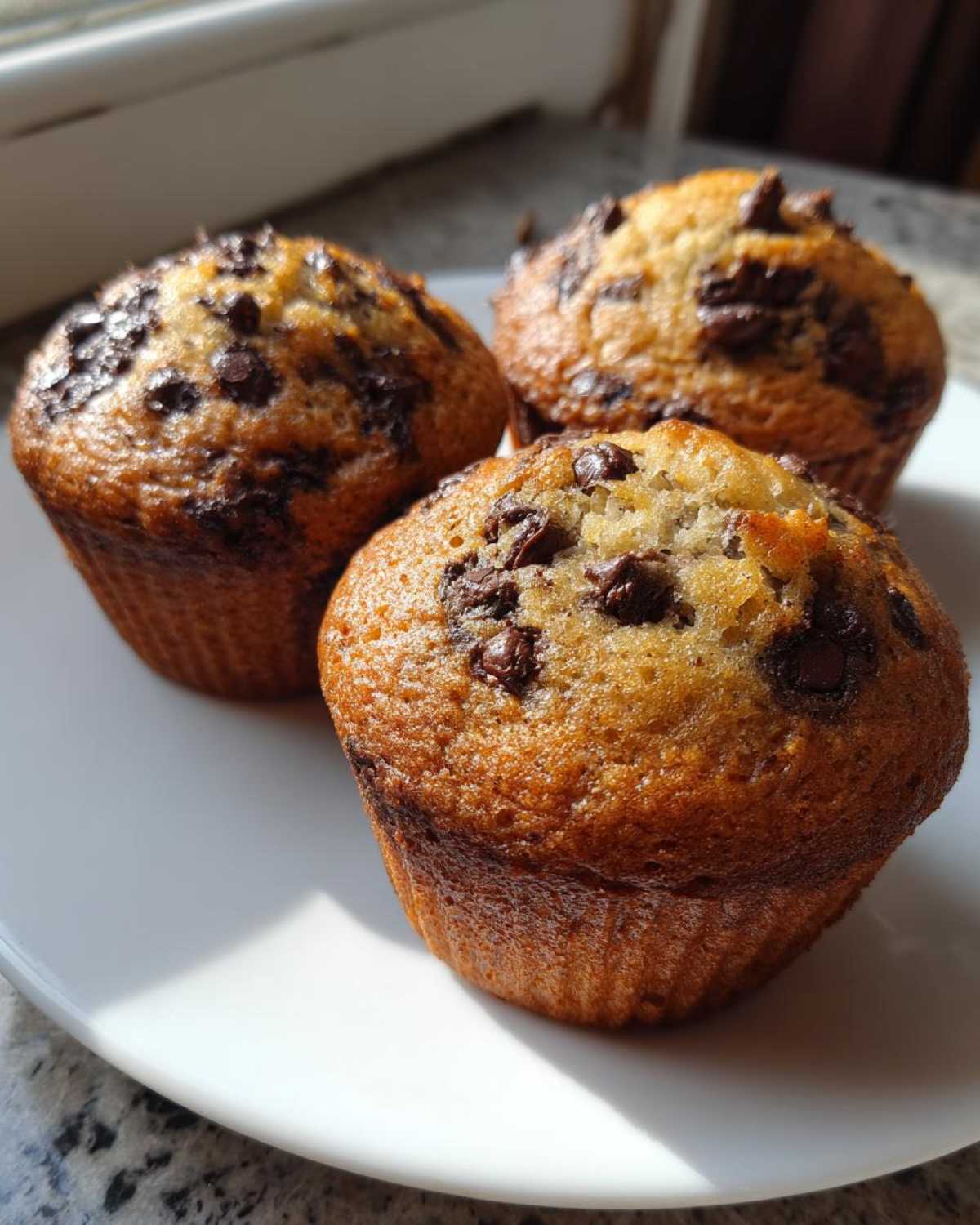 Three freshly baked Chocolate Chip Banana Muffins with golden tops and melted chocolate chips, sitting on a white plate.
