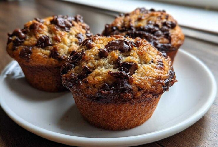 Three freshly baked Chocolate Chip Banana Muffins with melted chocolate chips on a white plate.