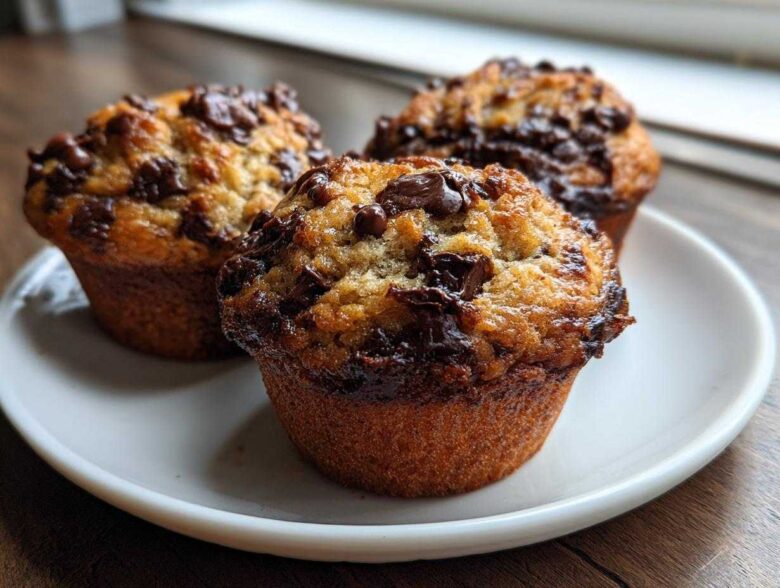 Three freshly baked Chocolate Chip Banana Muffins with melted chocolate chips on a white plate.