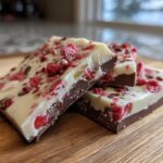 Close-up of layered Chocolate Covered Strawberry Bark featuring dark chocolate, white chocolate, and freeze-dried strawberries.