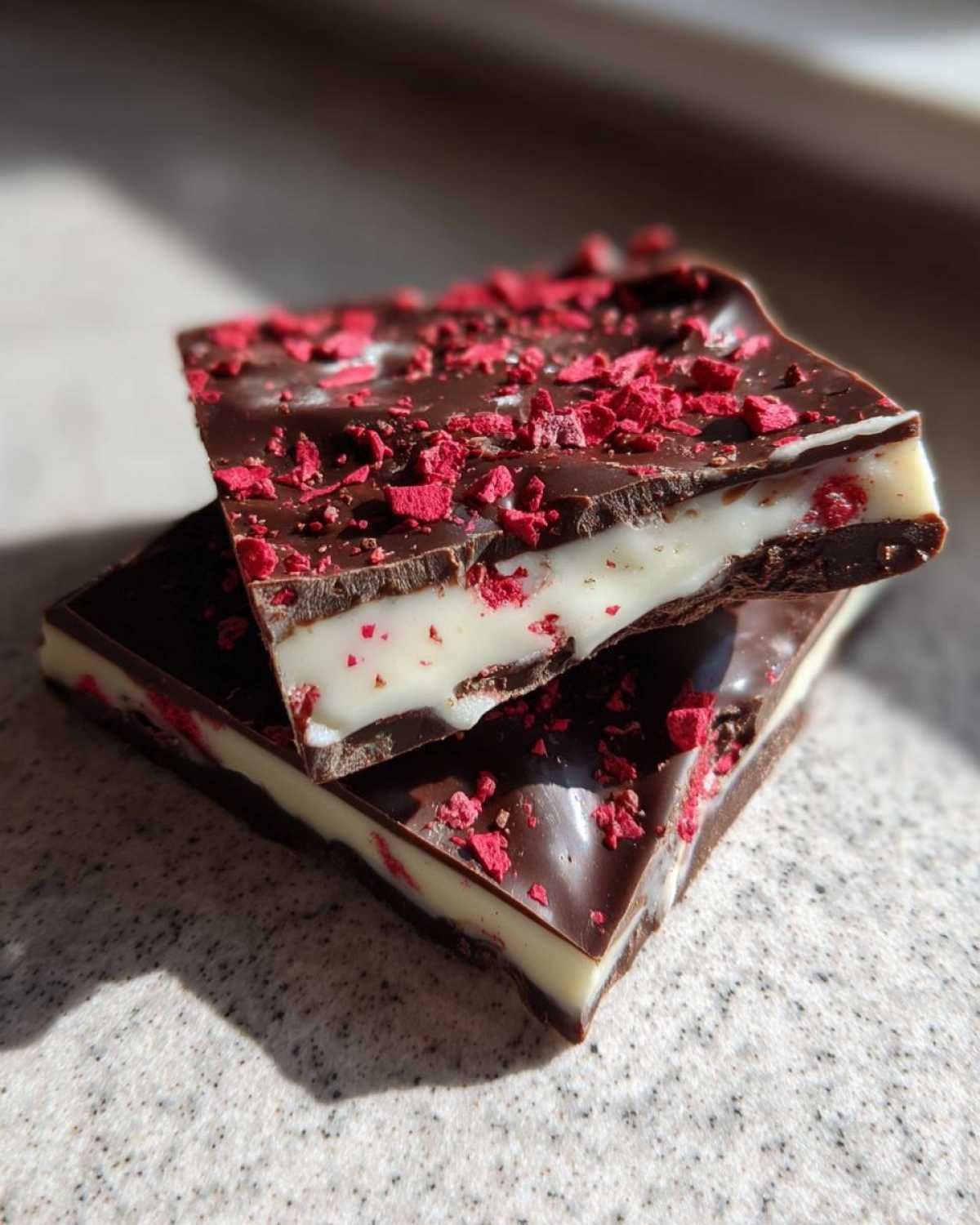 Two stacked pieces of Chocolate Covered Strawberry Bark showing dark chocolate, white filling, and red freeze-dried fruit topping.