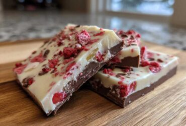 Close-up of layered Chocolate Covered Strawberry Bark featuring dark chocolate, white chocolate, and freeze-dried strawberries.