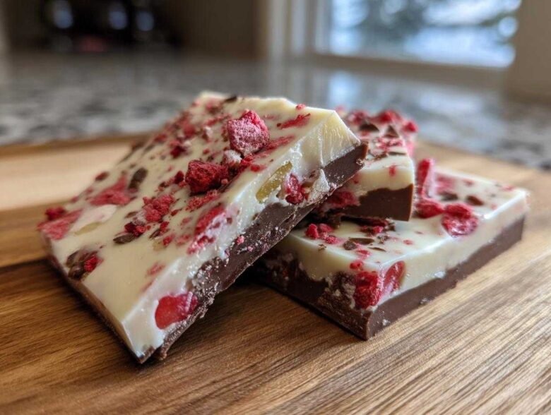 Close-up of layered Chocolate Covered Strawberry Bark featuring dark chocolate, white chocolate, and freeze-dried strawberries.